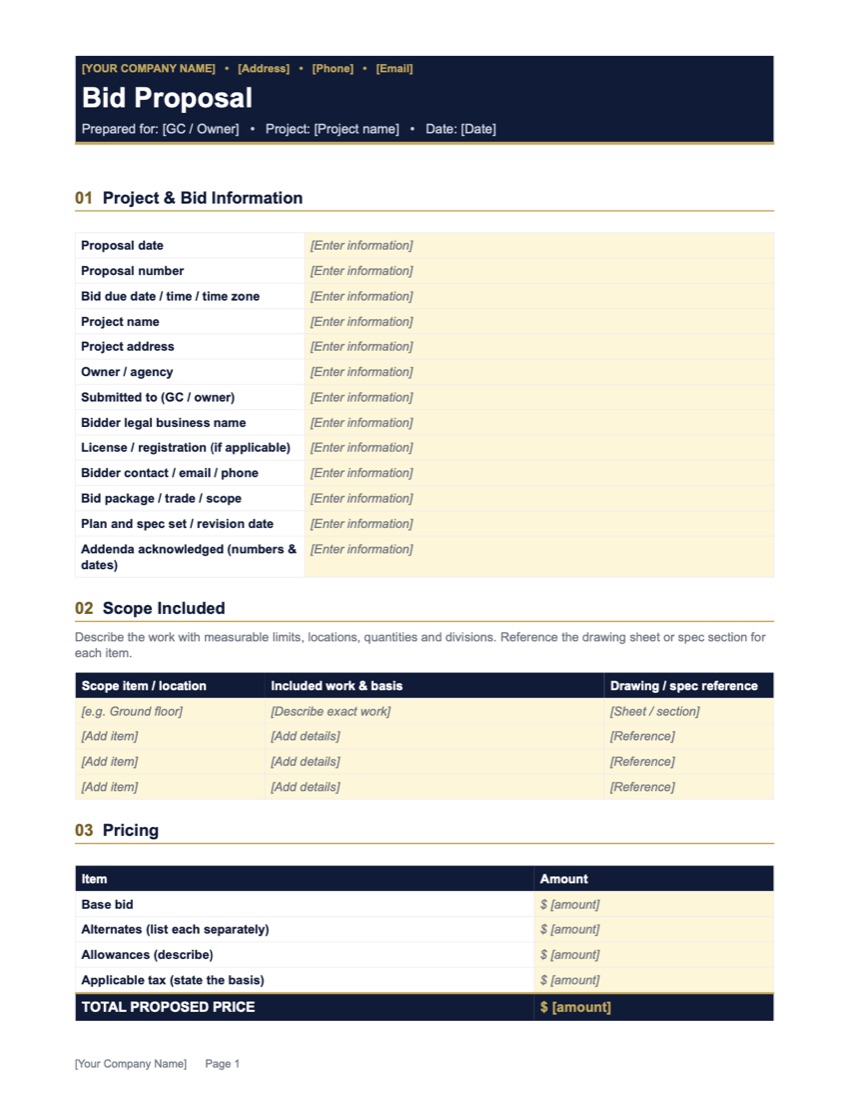 Preview of the free Construction Proposal Template