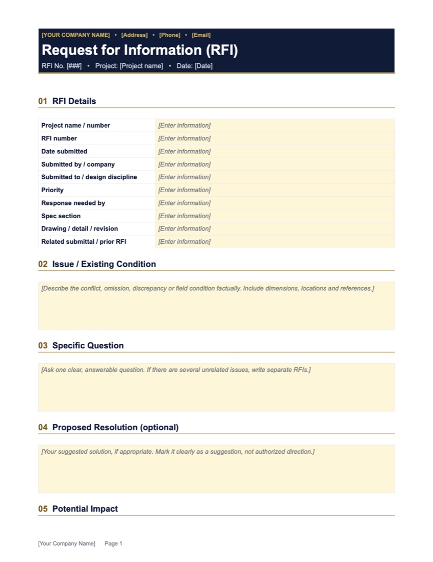 Preview of the Construction RFI Template