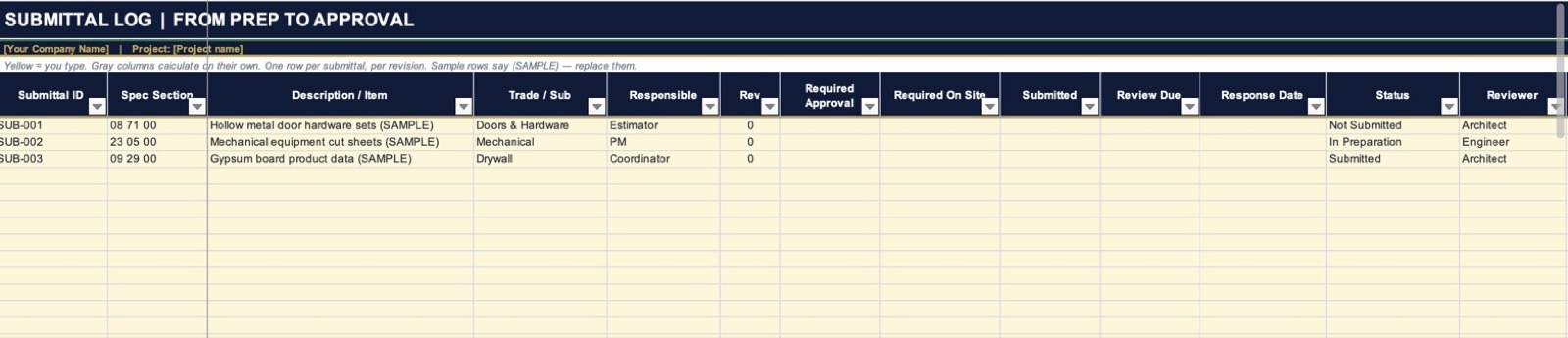 Preview of the Construction Submittal Log