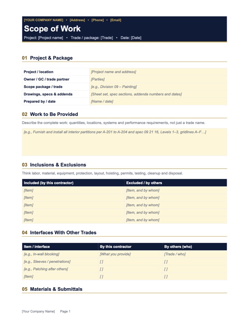 Preview of the Construction Scope of Work Template