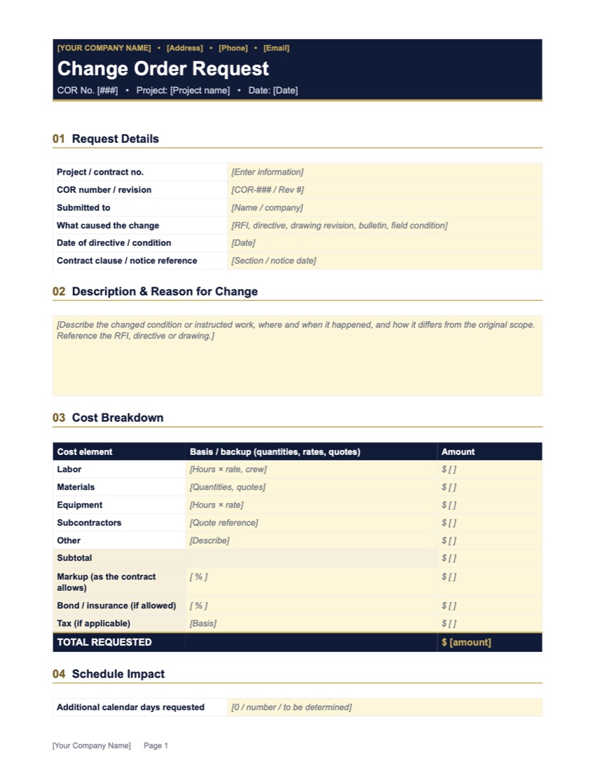 Preview of the Construction Change Order Request Template