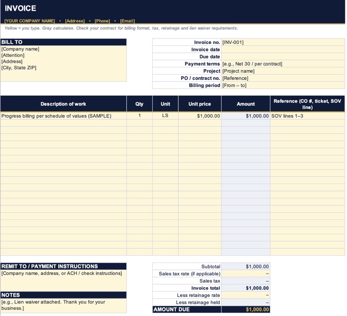 Preview of the Construction Invoice Template
