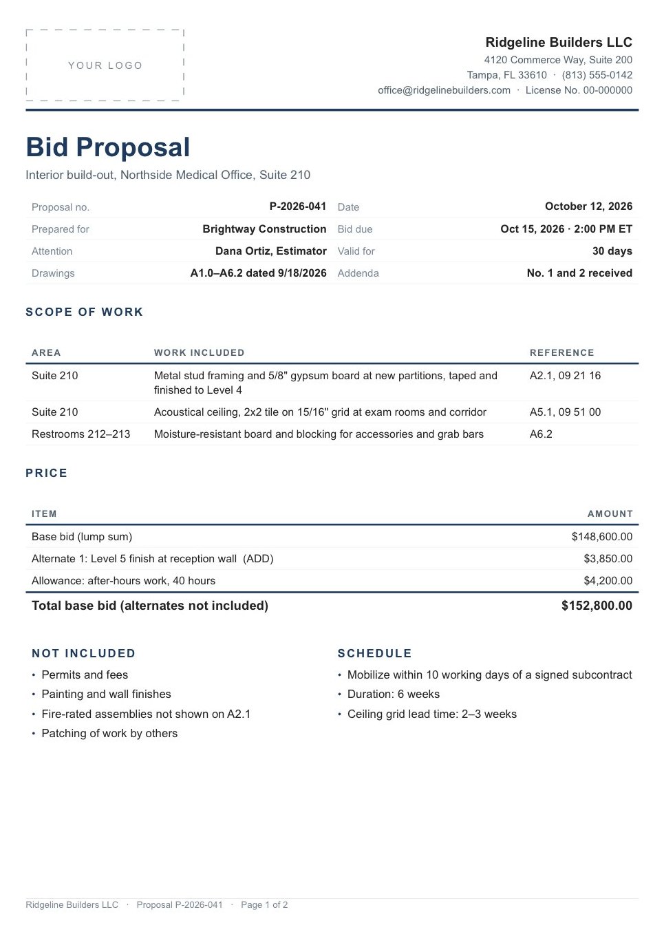 Preview of the Construction Proposal Template